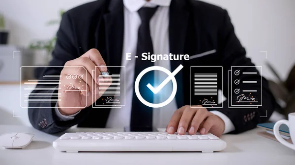 Online business contract Electronic signature, e-signing, digital document management, paperless office, signing business contract concept.