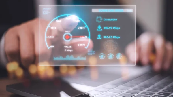 Fast internet connection with Metaverse technology concept, Hand holding smartphone and Virtual screen of Internet speed measurement, Internet and technology concept, 5G Hi speed internet concept
