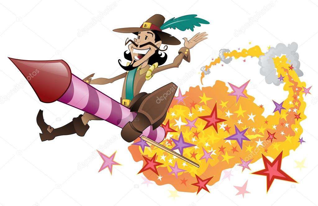Guy Fawkes flying on a firework rocket.