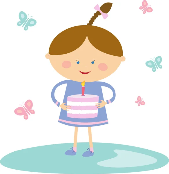 Little girl with her birthday cake. — Stock Vector