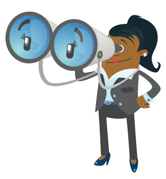 Businesswoman Buddy with his huge binoculars. — Stock Vector