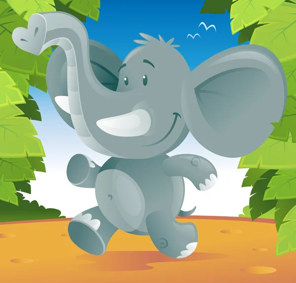 Lindo elefante de dibujos animados corriendo por la selva . — Vector de stock