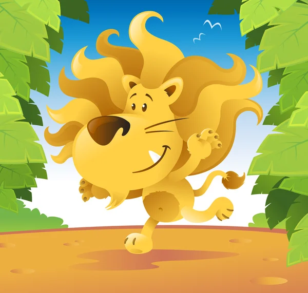 Cute cartoon lion running through the jungle. — Stock Vector