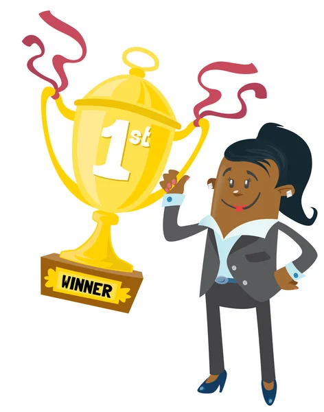 Ethnic Businesswoman Buddy wins a First Prize trophy — Stock Vector