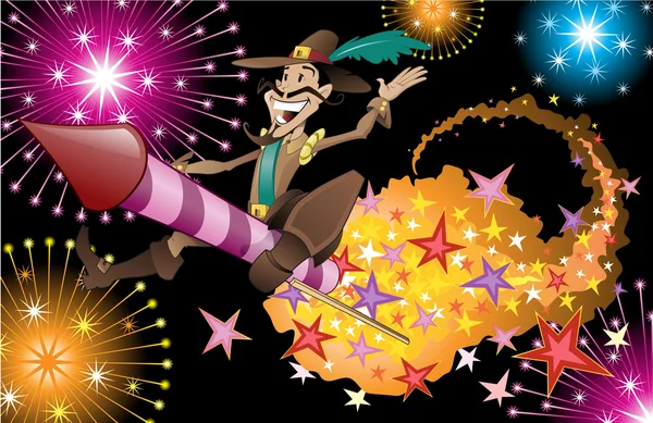 Guy Fawkes flying on a firework rocket. — Stock Vector