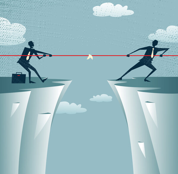 Abstract Businessmen Tug of war on a cliff.