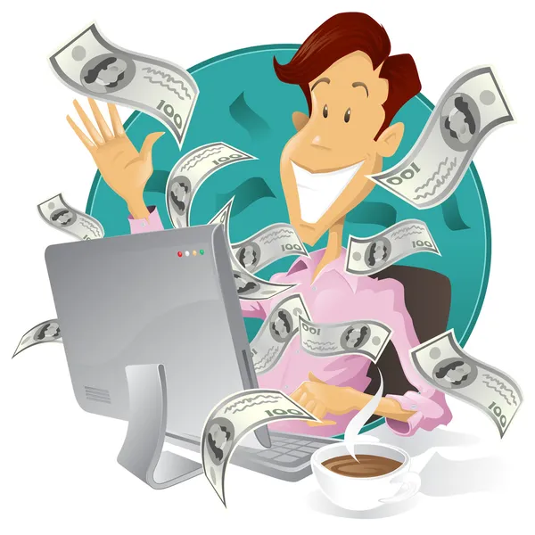 Happy businessman making money on the internet — Stock Vector