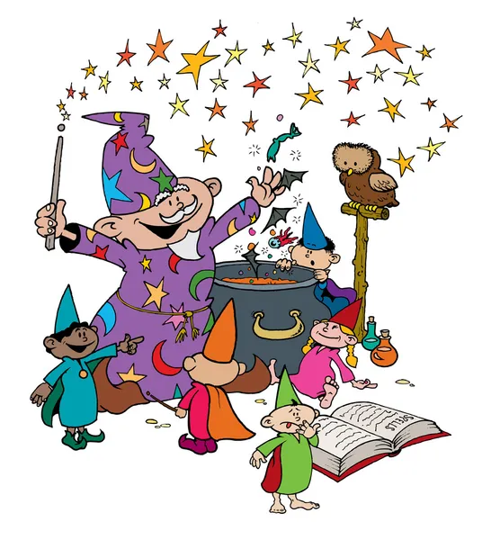 Wizard with his young Apprentices in Magic Workshop — Stock Vector