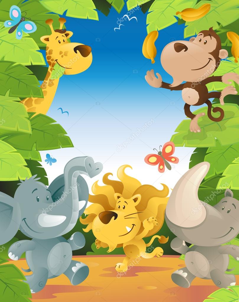 Jungle animals borders Fun Jungle Animals Border — Stock Vector