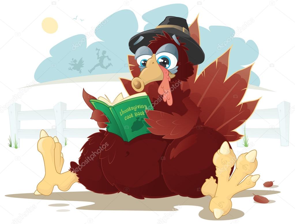 Thanksgiving turkey reading a cookbook