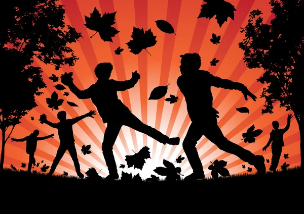 Niños jugando en las hojas de otoño — Vector de stock