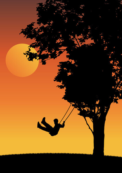 Child on swing in the sunset.