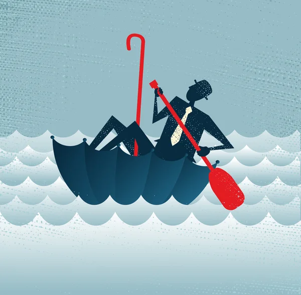 Abstract Businessman rows to shore in his Umbrella — Stock Vector
