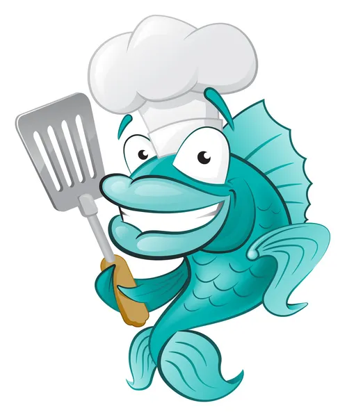 Chef Pescado con Espátula . — Vector de stock