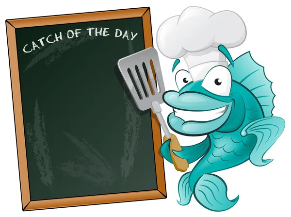 Chef Fish with Spatula and Menu Board. — Stock Vector