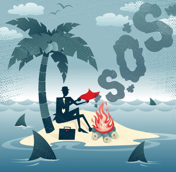 Businessman sends Smoke Signals on an Island. — Stock Vector