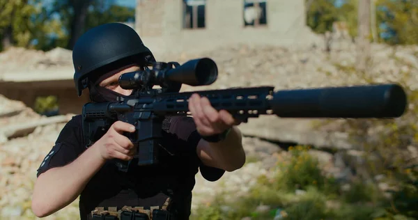 Soldier Raises His Rifle Aims Fires Shot Medium Shot — ストック写真