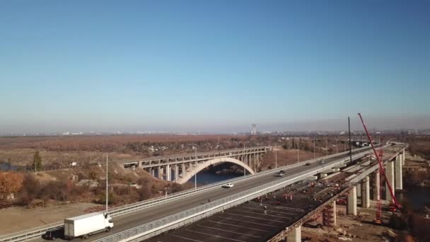 Bridge River Car Traffic Bridge View Top Drone Aerial High — Stock Video