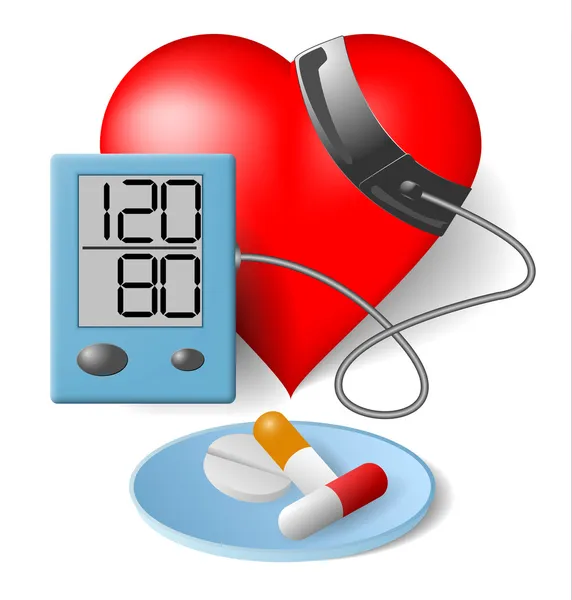 Hjärta - blodtrycksmätare och piller — Stock vektor