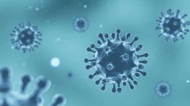 COVID-19 Corona virüsü ve dikenli glikoprotein havada yüzüyor. Mavi arkaplan. 3B görüntüleme .