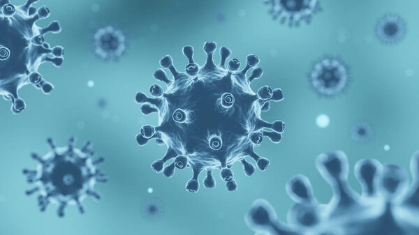 COVID-19 Corona virus with spike glycoprotein are floating on the air . Blue color background . 3D rendering .