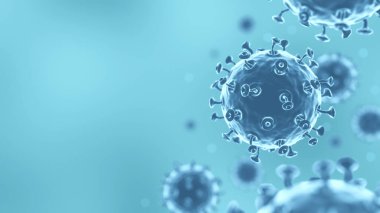 COVID-19 Corona virus with spike glycoprotein are floating on the air and copy space area at left side for fill text . Blue color background . 3D rendering .