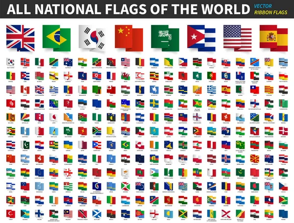 Todas Bandeiras Nacionais Mundo Design Bandeira Fita Vetor Elemento — Vetor de Stock