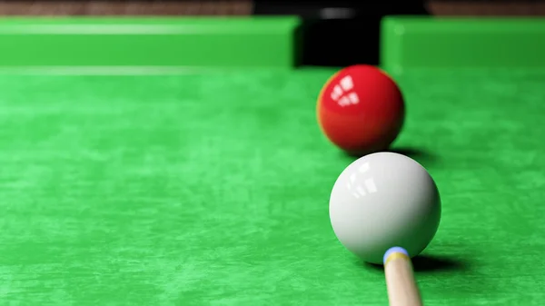 Snooker pool table and billiards ball with dimness light . Sportsman aim at white ball . Copy space at left side . 3D rendering .