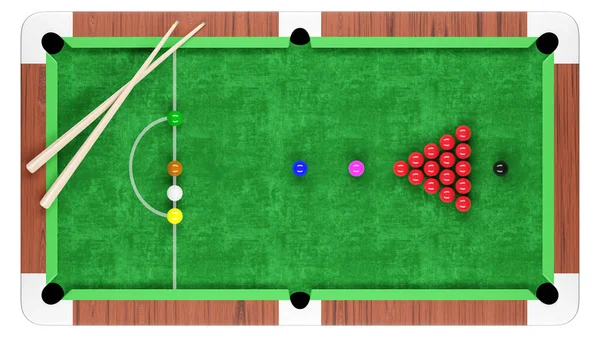 Snooker pool table and billiards ball arrangement with cue . Top orthographic view . Isolated . Embedded clipping paths . 3D render .