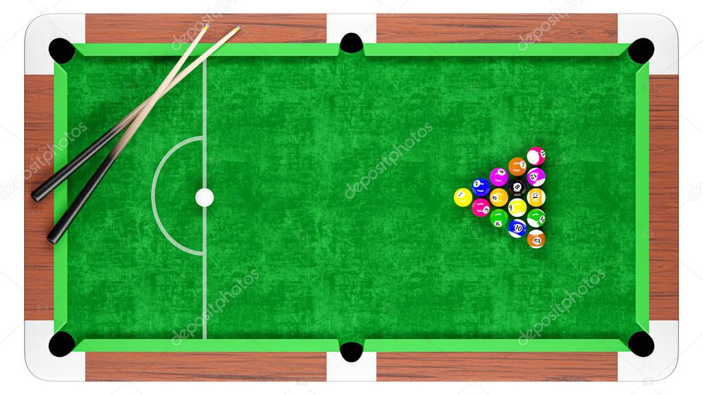 Snooker pool table and billiards ball arrangement with cue . Top orthographic view . Isolated . Embedded clipping paths . 3D render .