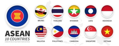 ASEAN . Association of Southeast Asian Nations and membership flags . Flat simple circle design with white frame . South east asia map on background . Vector .