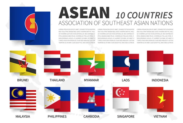 ASEAN . Association of Southeast Asian Nations and membership . Waving zig zag ribbon flag design . South east asia map on background . Element vector .