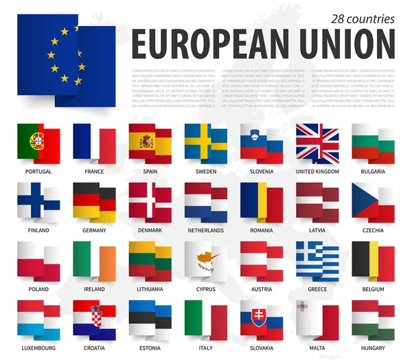 European Union Waving Zig Zag Ribbon Flag Design Europe Map — Vector de stock
