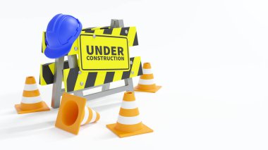 İnşaat halinde. Güvenlik şapkası ve trafik konisi olan bariyer. İzole edilmiş beyaz arka plan. 3B görüntüleme .