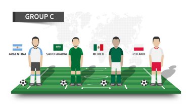 2022 Katar Fifa Dünya Kupası Futbol Turnuvası. Perspektif futbol sahasında forma ve ülke bayraklı 32 takım grubu aşaması ve çizgi film oyuncusu karakteri. Düz dizayn. Vektör .