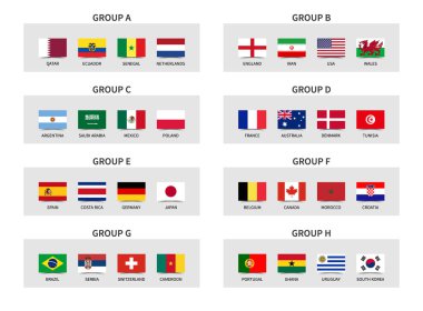 2022 Katar Fifa Dünya Kupası Futbol Turnuvası. 32 takım grup aşaması. Ülke bayrağı desenli yapışkan bir kağıt parçası. Vektör .