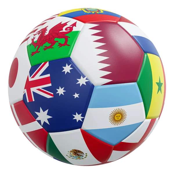 Bola Futebol Com Padrão Bandeiras Internacionais Textura Couro Isolado Caminhos — Fotografia de Stock