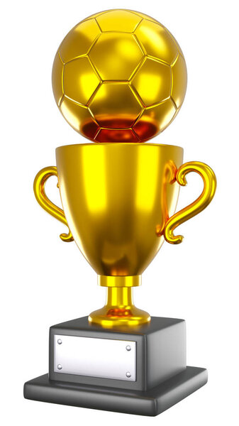 Gold soccer or football trophy cup . Isolated . Embedded clipping paths . 3D rendering .