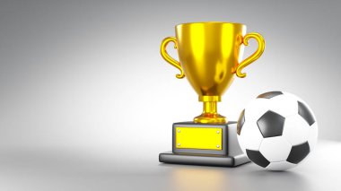 Altın kupa ve futbol topu ya da gri arka planda fotokopi alanı olan futbol topu. 3B görüntüleme .