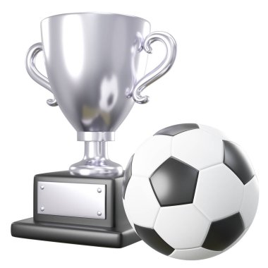 Gümüş kupa ve futbol topu ya da beyaz izole arka planda futbol topu. Gömülü kırpma yolları. 3B görüntüleme .