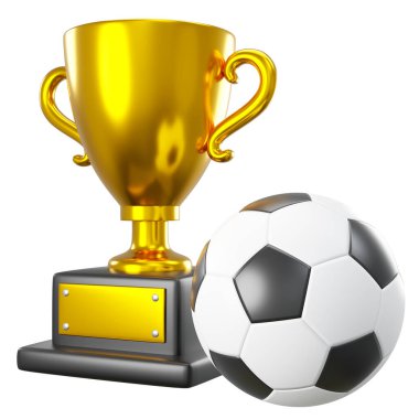 Altın kupa ve futbol topu ya da beyaz izole arka planda futbol. Gömülü kırpma yolları. 3B görüntüleme .