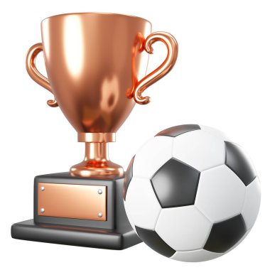 Bronz kupa ve futbol topu ya da beyaz izole arka planda futbol. Gömülü kırpma yolları. 3B görüntüleme .