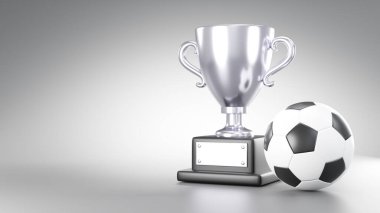 Gümüş kupa ve futbol topu ya da gri arka planda fotokopi alanı olan futbol topu. 3B görüntüleme .