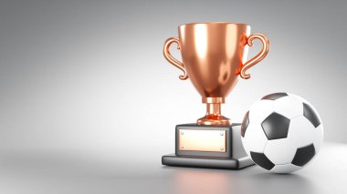 Bronz kupa ve futbol topu veya gri arka planda fotokopi alanı olan futbol topu. 3B görüntüleme .