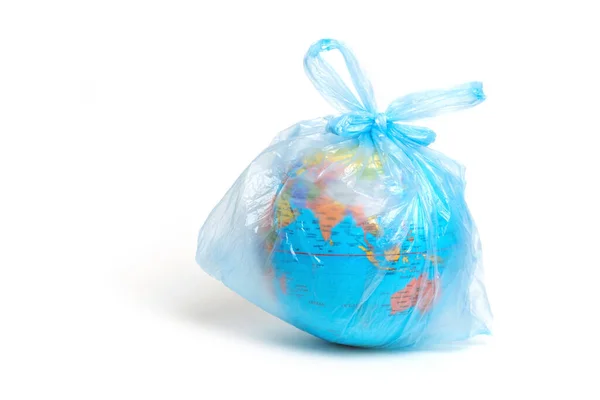 白い背景のビニール袋に地球のモックアップ 地球ゴミの分別 コンセプト ストックフォト