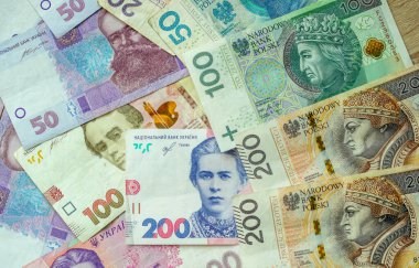 Kağıt para, Ukrayna Hryvnia ve Polonya zlotisi. Mülteciler ve Ukrayna 'dan gelen göçmenler için döviz değişimi.