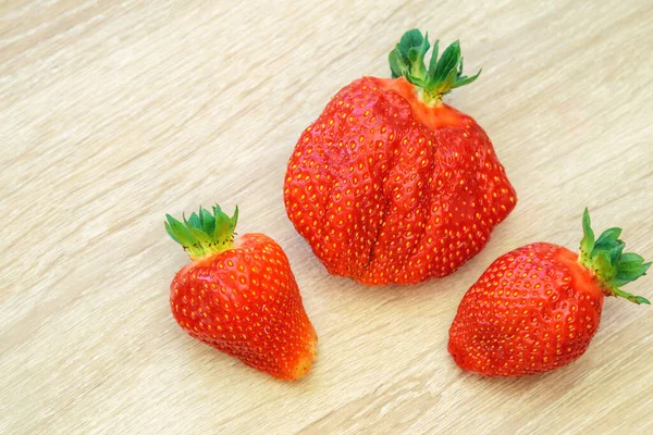 Top View Three Large Ripe Red Strawberries Wooden Table — Photo