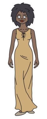 Bej renkli uzun elbiseli komik gotik siyahi kadın.