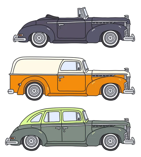 3台のレトロなアメリカ車のベクトル化された手描き — ストックベクタ