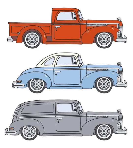 Desenho Mão Vetorizado Três Carros Retro Americanos —  Vetores de Stock